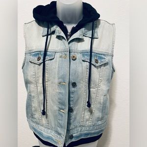 Hooded Denim Vest Sleeveless Jean‎ Jacket Button Up Blue